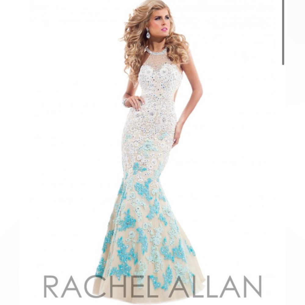 Rachel Allen Cream/Blue Ombré Lace Mermaid Prom/Pageant Gown with Open Back